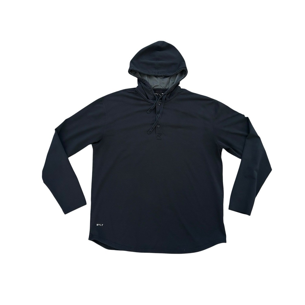 BYLT Basics Mens Lux Henley Hoodie XXL Black 3-Button Long Sleeve